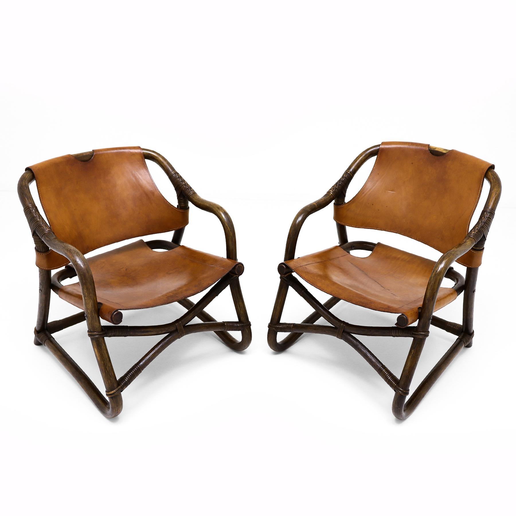 Sheepskin Vintage sheepskin and leather and cane easy chairs attributed to Rohe Noordwolde For Sale