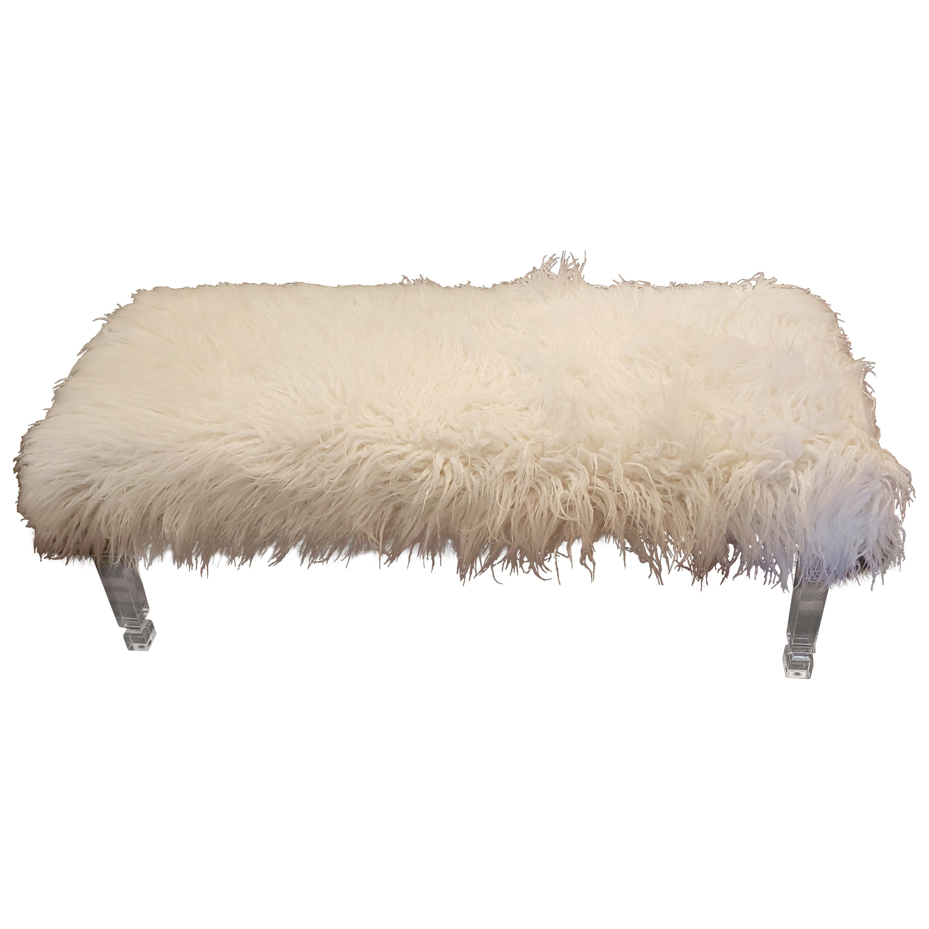 Vintage Sheepskin and Lucite Bench For Sale