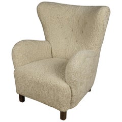 wing chair wegner Vintage Sheepskin Cabinetmaker Chair from Denmark, 1940s