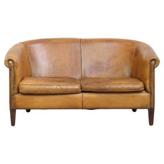 Vintage Sheepskin Leather 2-Seater Sofa in English Style