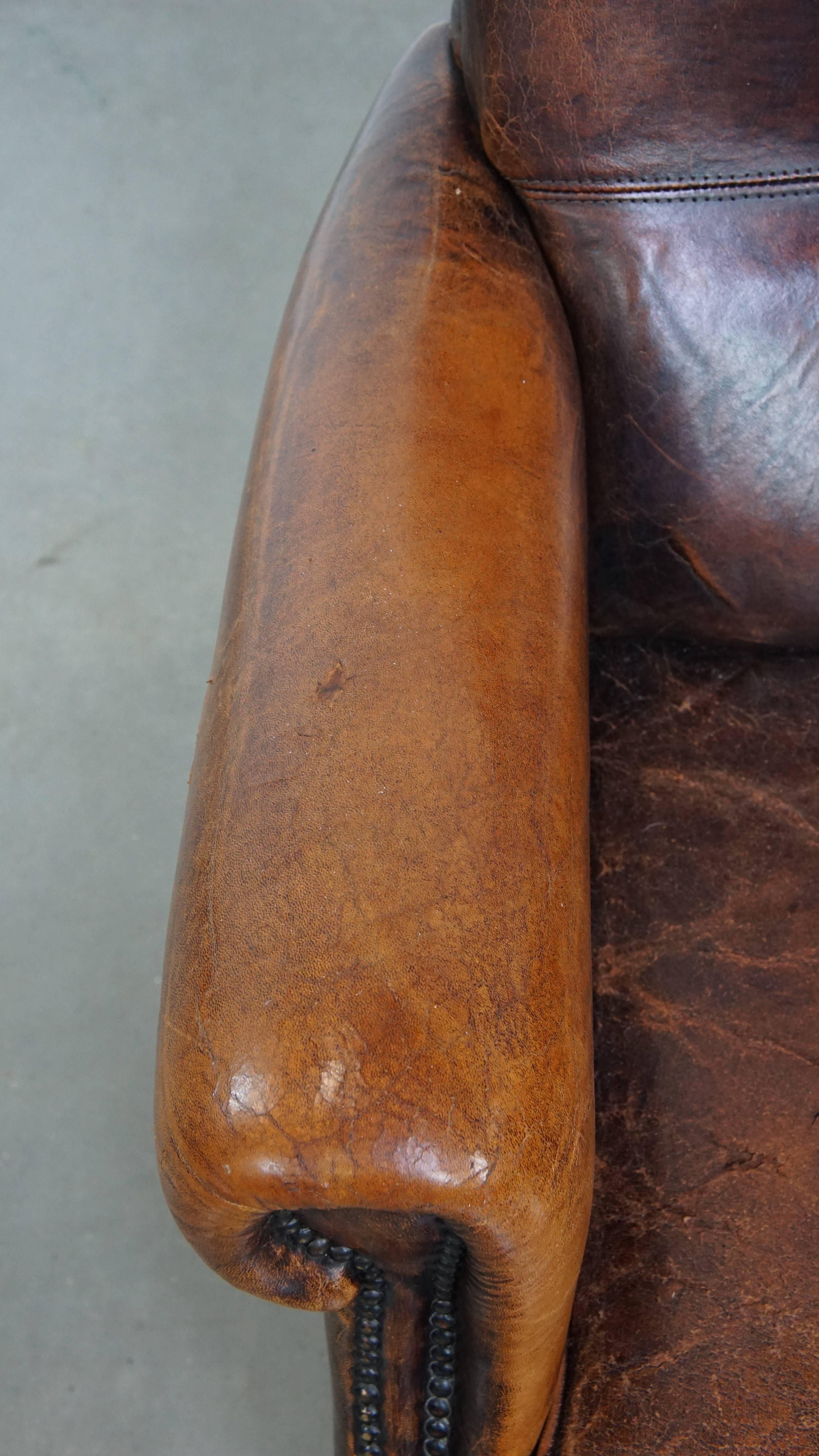Sillón vintage de piel de oveja con respaldo alto Cuero en venta