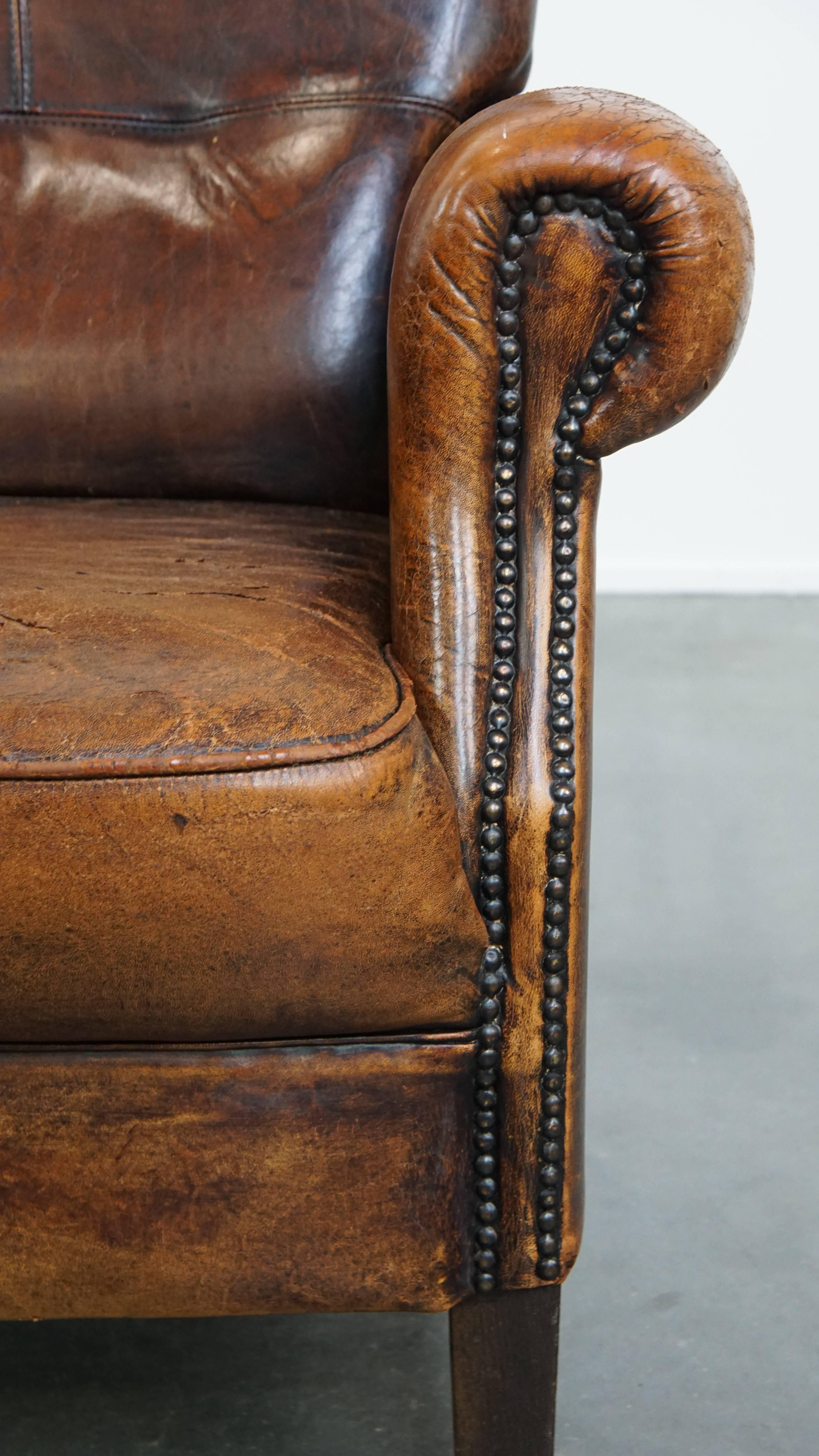 Sillón vintage de piel de oveja con respaldo alto en venta 2