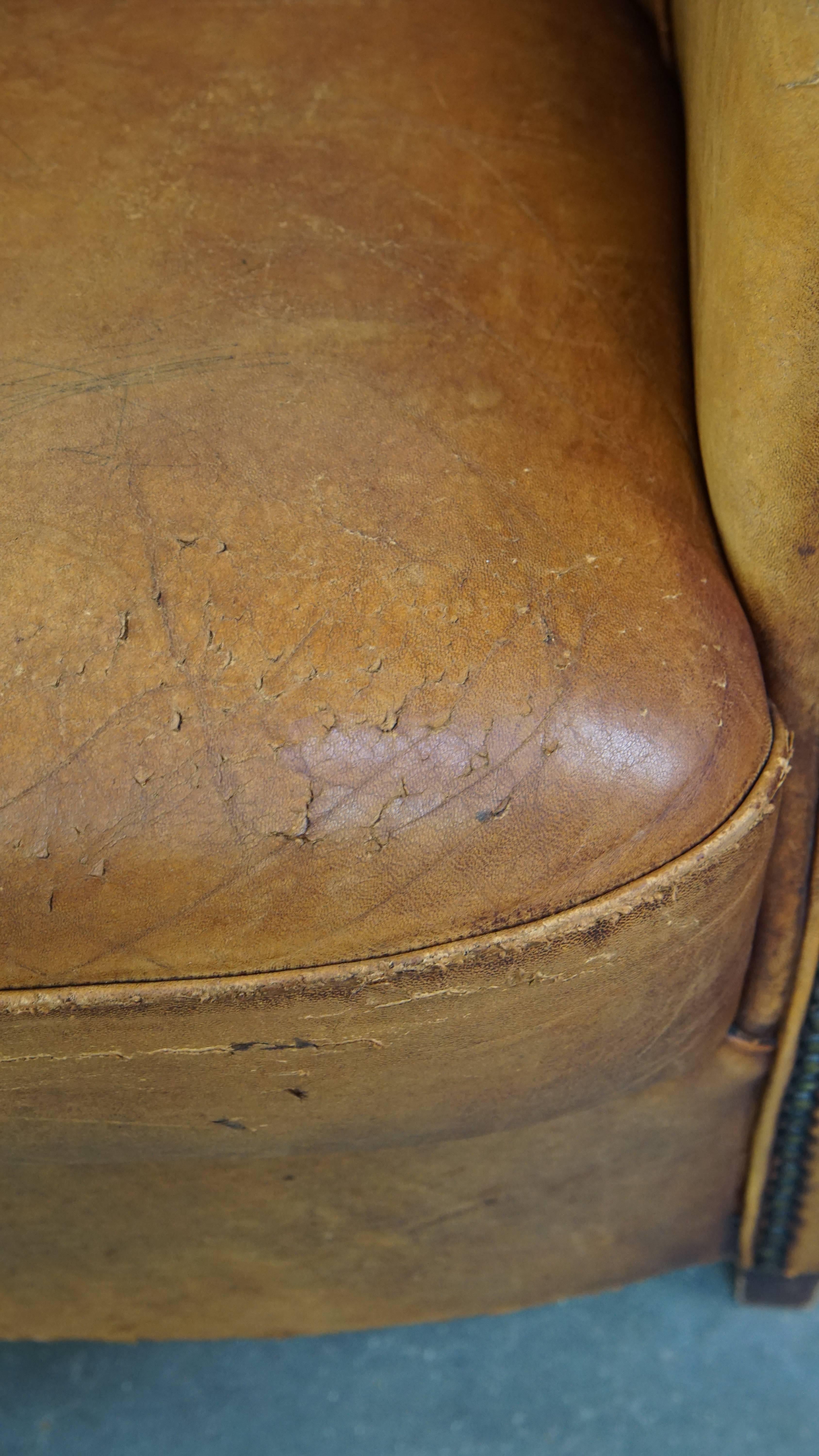 Vintage Sheepskin Leather Club Armchair in a Beautiful Light Cognac Color For Sale 4