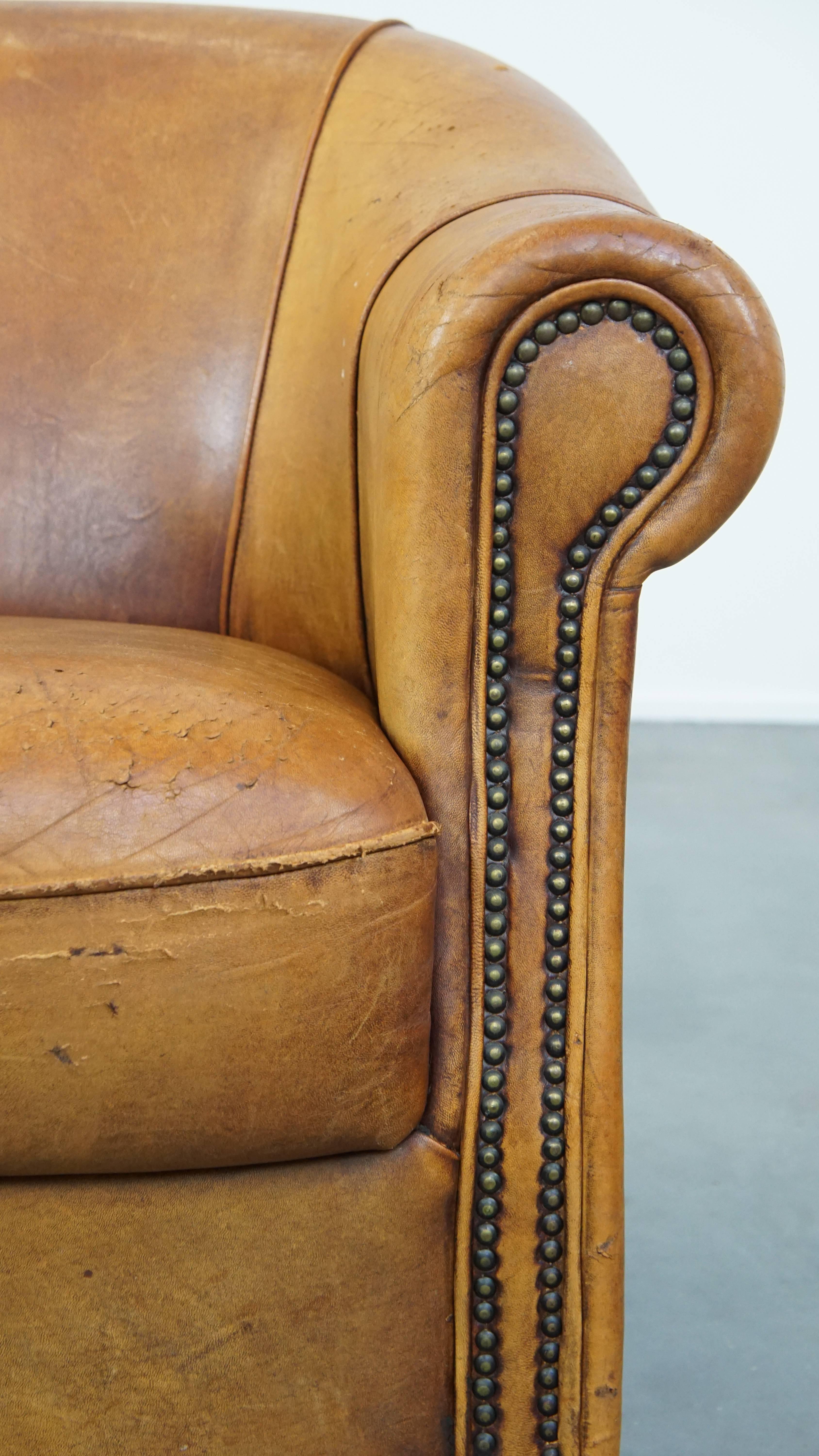 Vintage Sheepskin Leather Club Armchair in a Beautiful Light Cognac Color For Sale 5