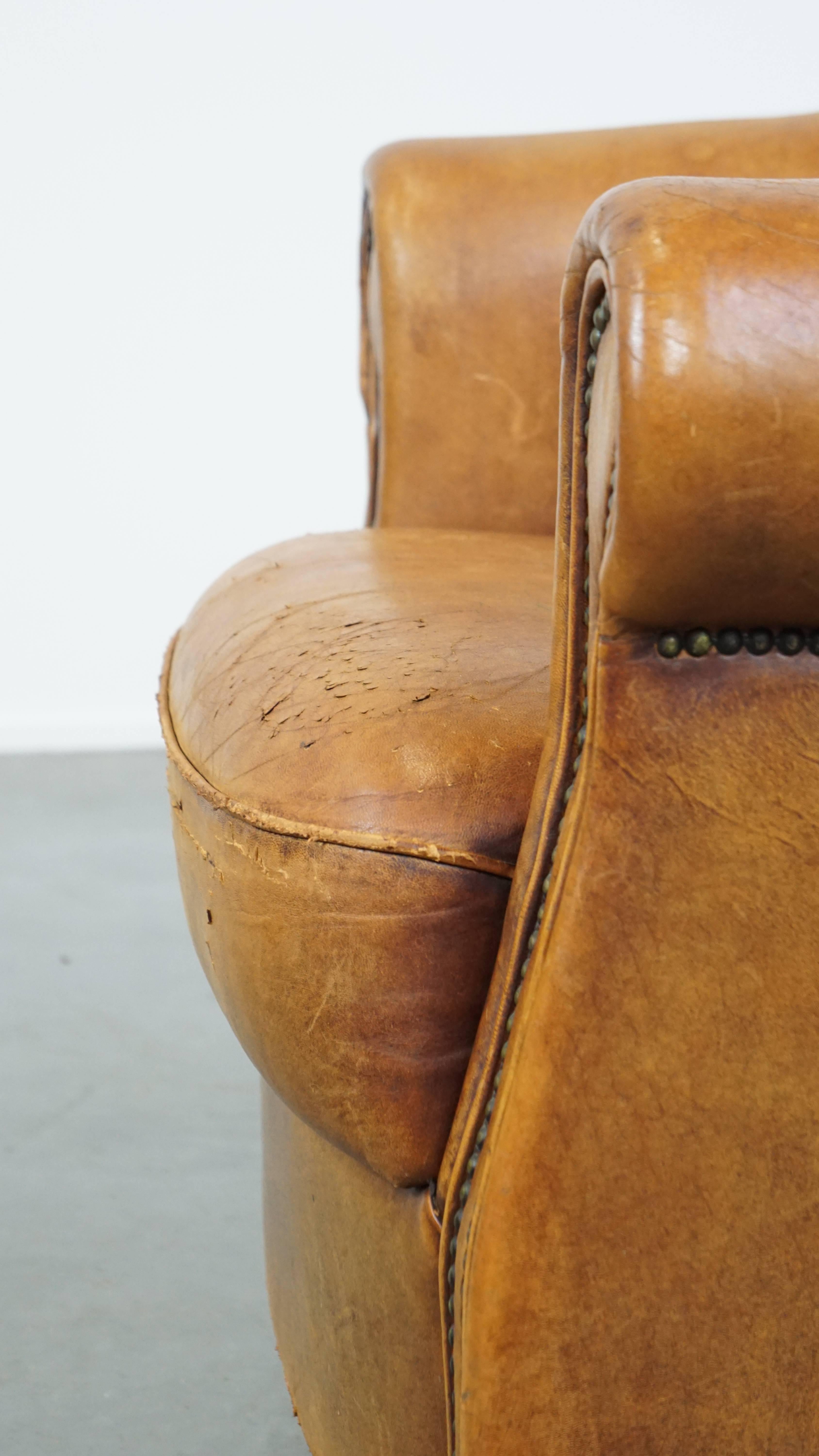 Vintage Sheepskin Leather Club Armchair in a Beautiful Light Cognac Color For Sale 7