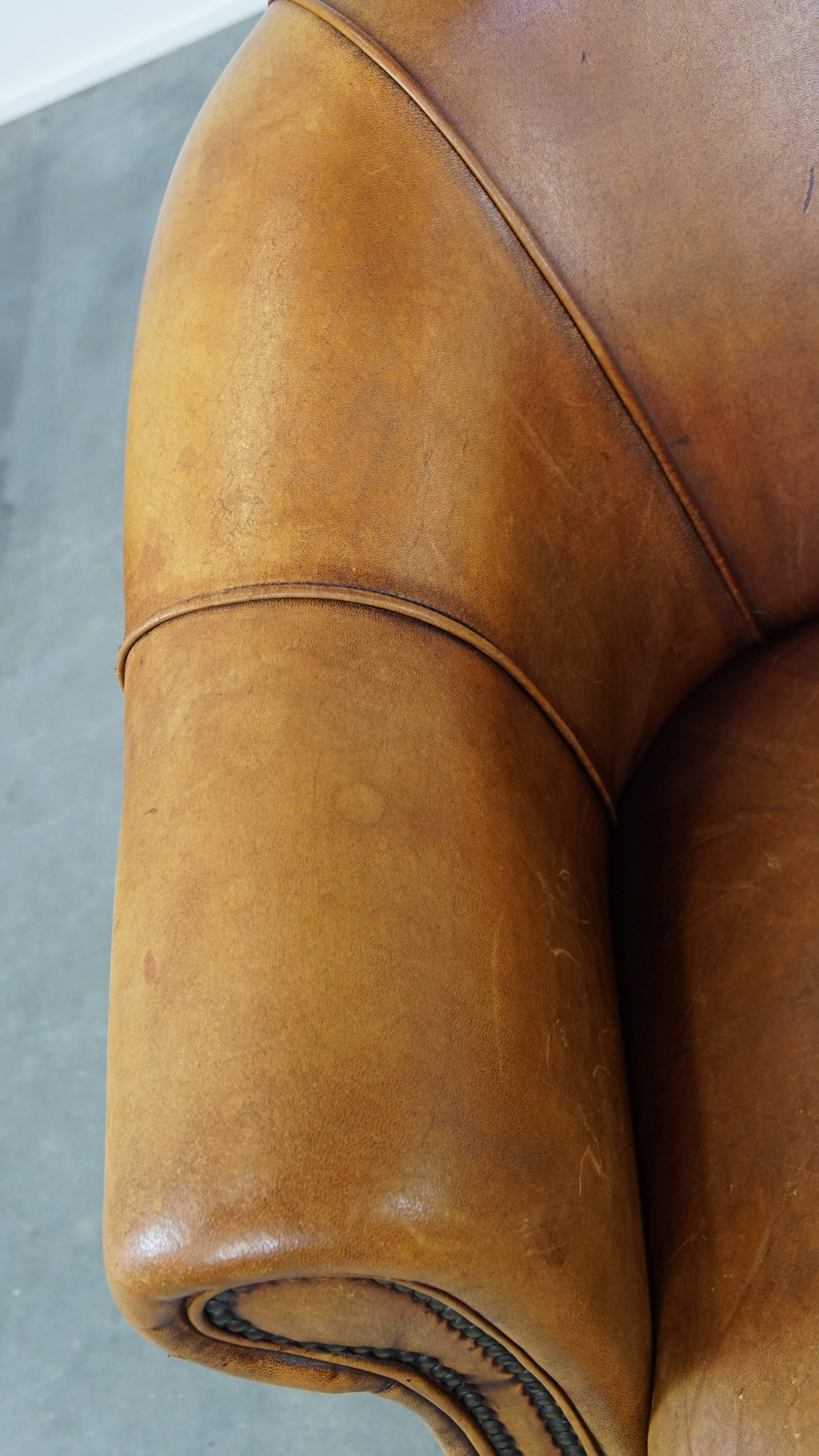 Vintage Sheepskin Leather Club Armchair in a Beautiful Light Cognac Color For Sale 1
