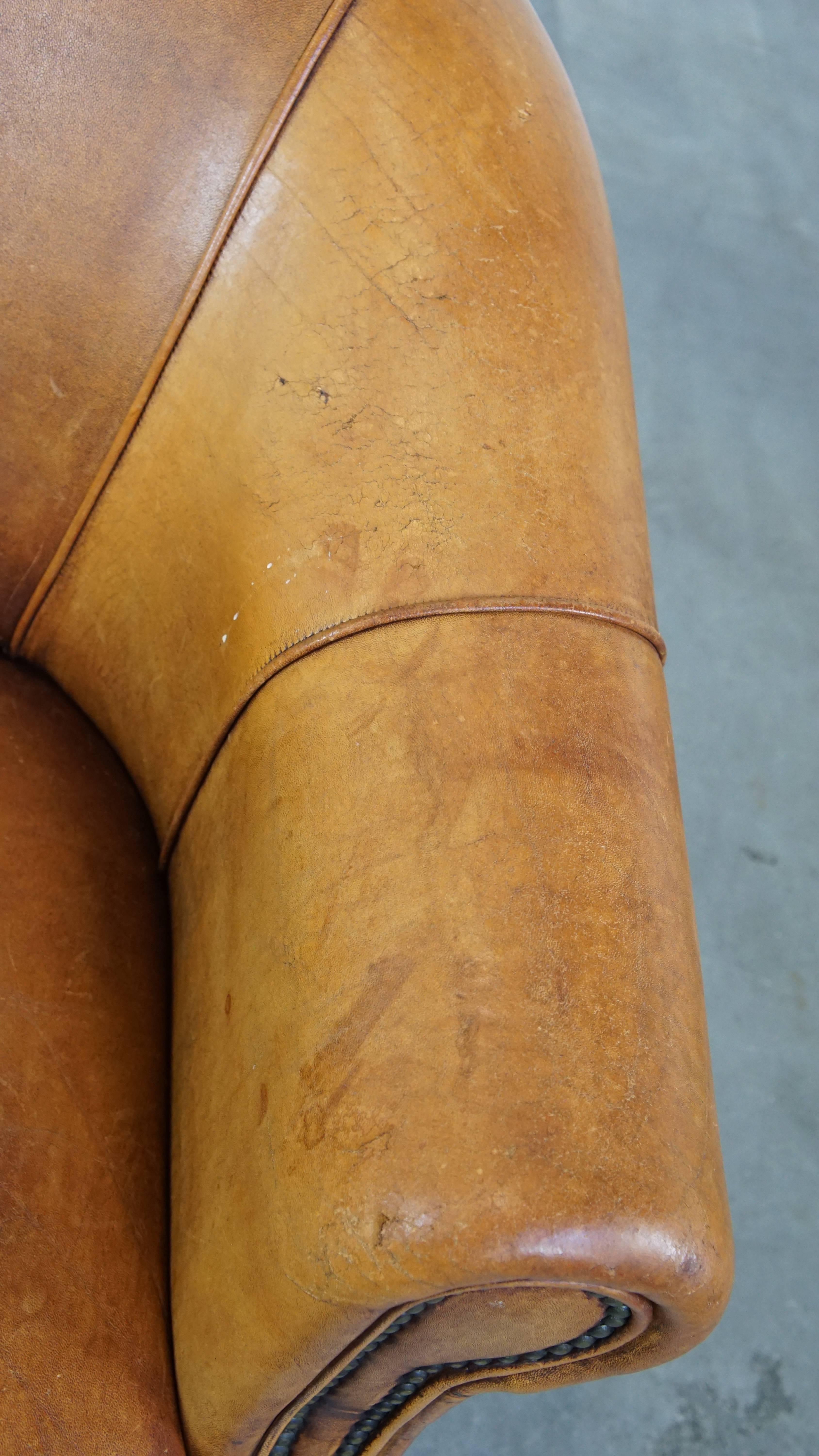 Vintage Sheepskin Leather Club Armchair in a Beautiful Light Cognac Color For Sale 2