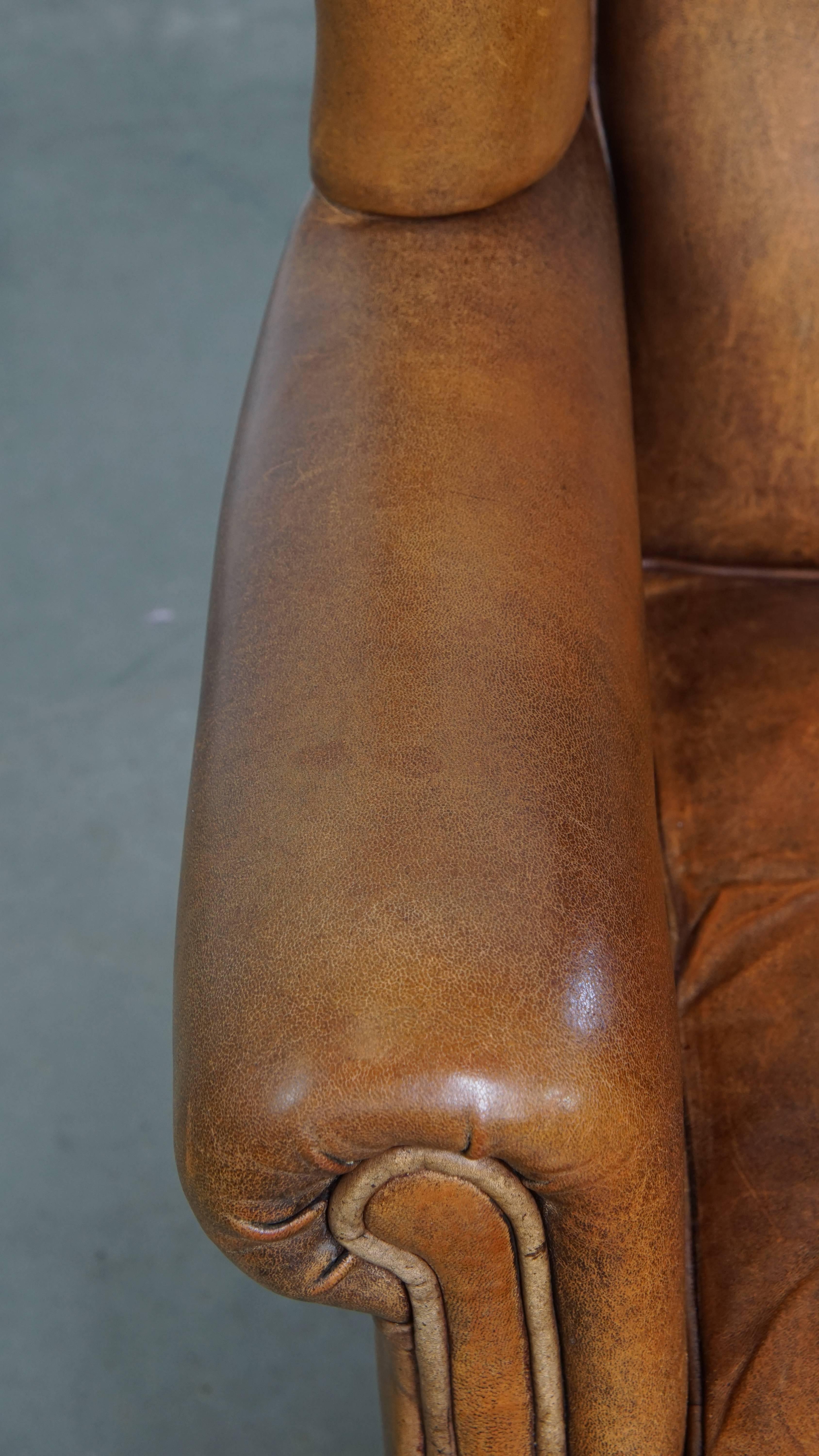 Vintage Sheepskin Leather Wingback Chair For Sale 1