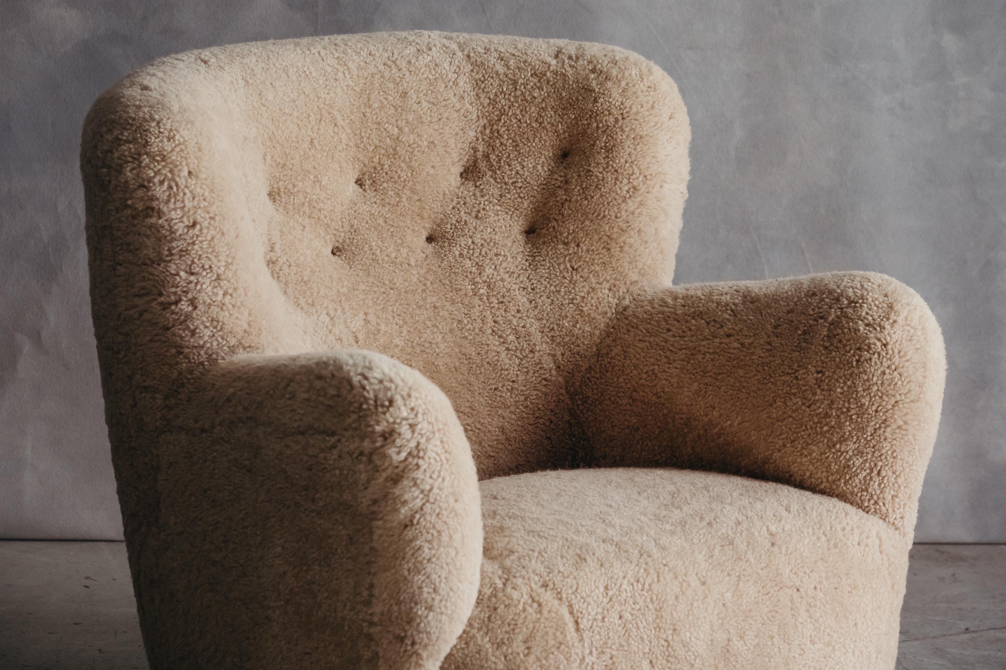 European Vintage Sheepskin Lounge Chair from Denmark, circa 1960