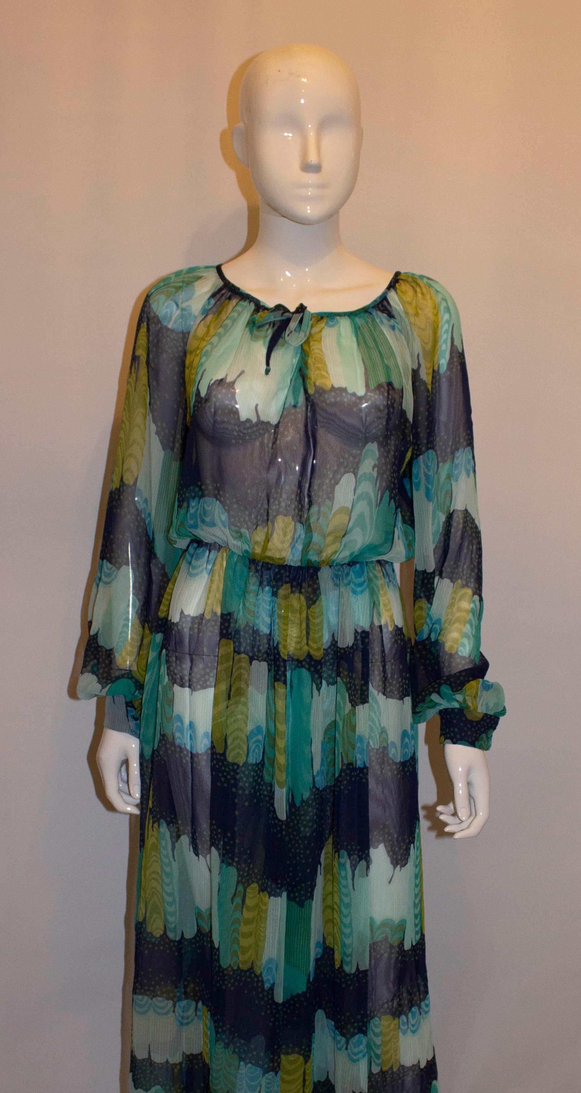 Black Vintage Sheer Blue , Green , Yellow and Turquoise Print Dress For Sale