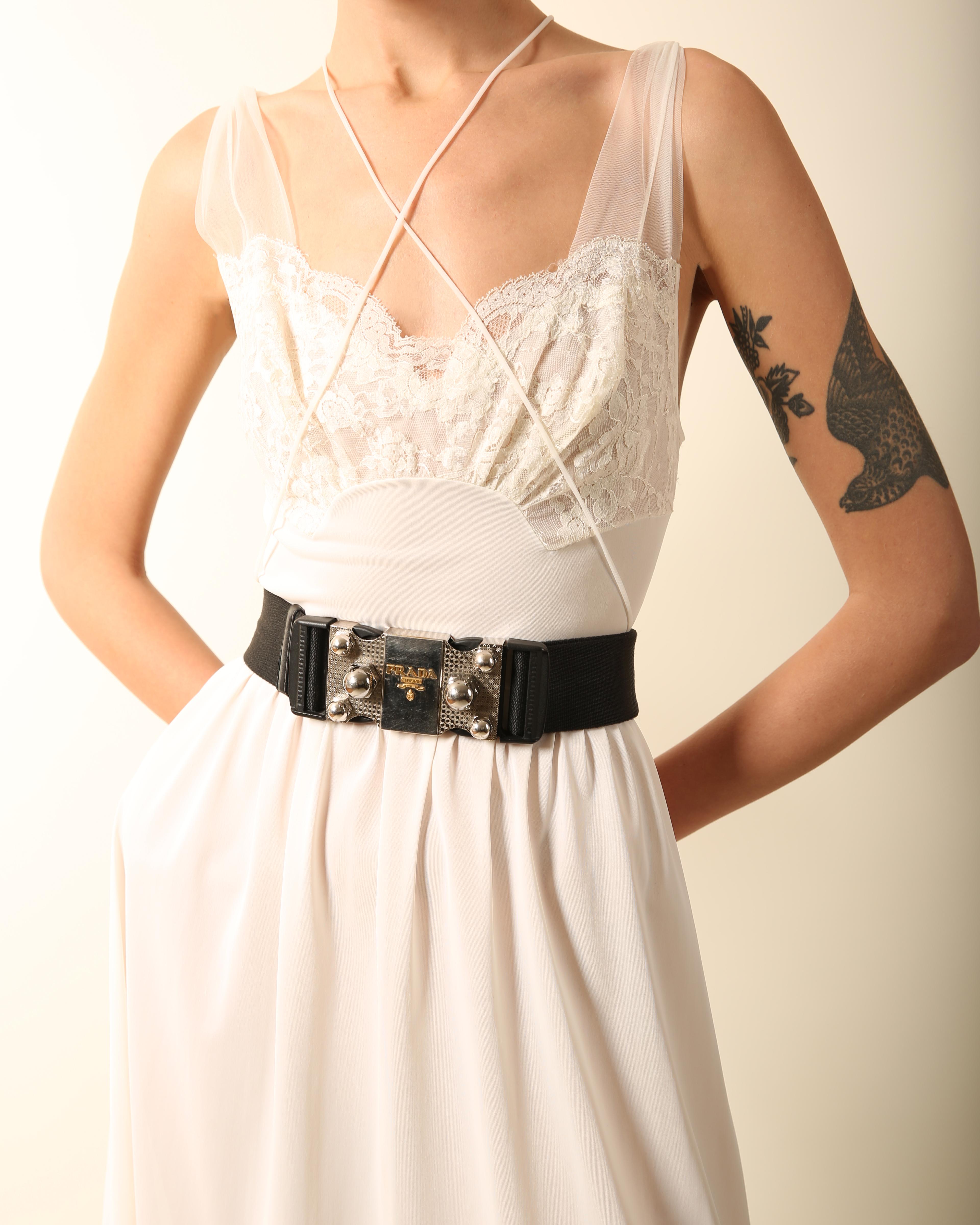 Elfenbeinweißes, durchsichtiges Midi-Nachtkleid aus Spitze im Hochzeitsstil mit Slip- Gewänder im Angebot 6