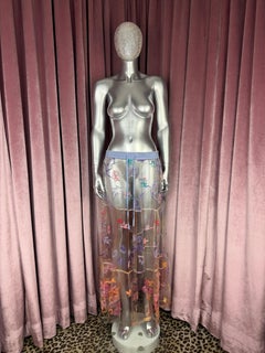 Vintage Sheer Ombre Mesh and Embroidered Rainbow Long Skirt With Tie Waist