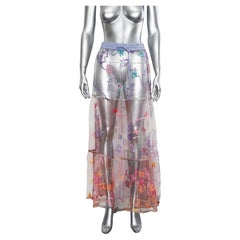 Vintage Sheer Ombre Mesh and Embroidered Rainbow Long Skirt With Tie Waist