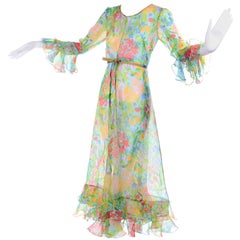 Vintage Sheer Ruffled Dress in Yellow Blue Green Floral Organza