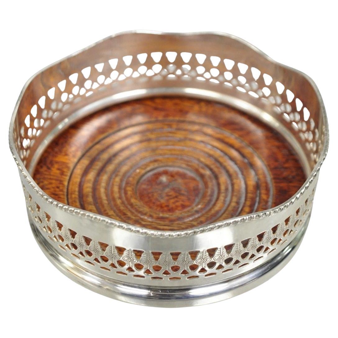 Sottobicchiere per bottiglie di vino vintage Sheffield Edwardian placcato in argento e traforato in mogano
