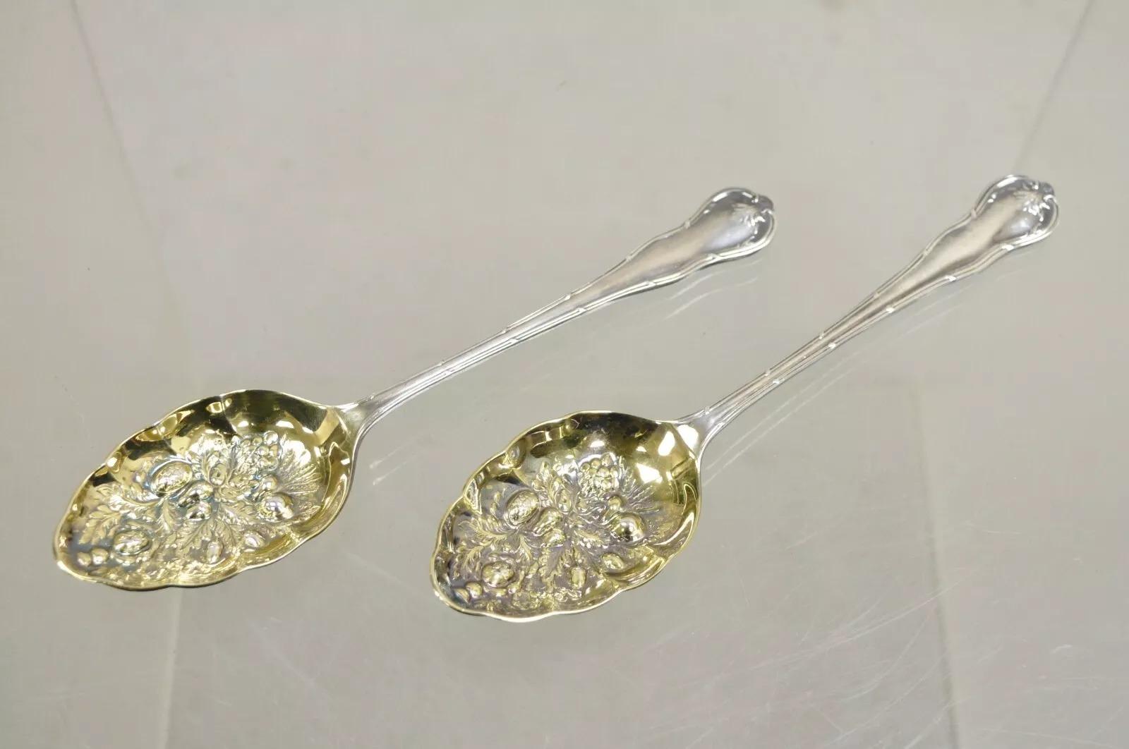 Vintage Sheffield England Silver Plated Repousse Gold Berry Spoons - a Pair 4