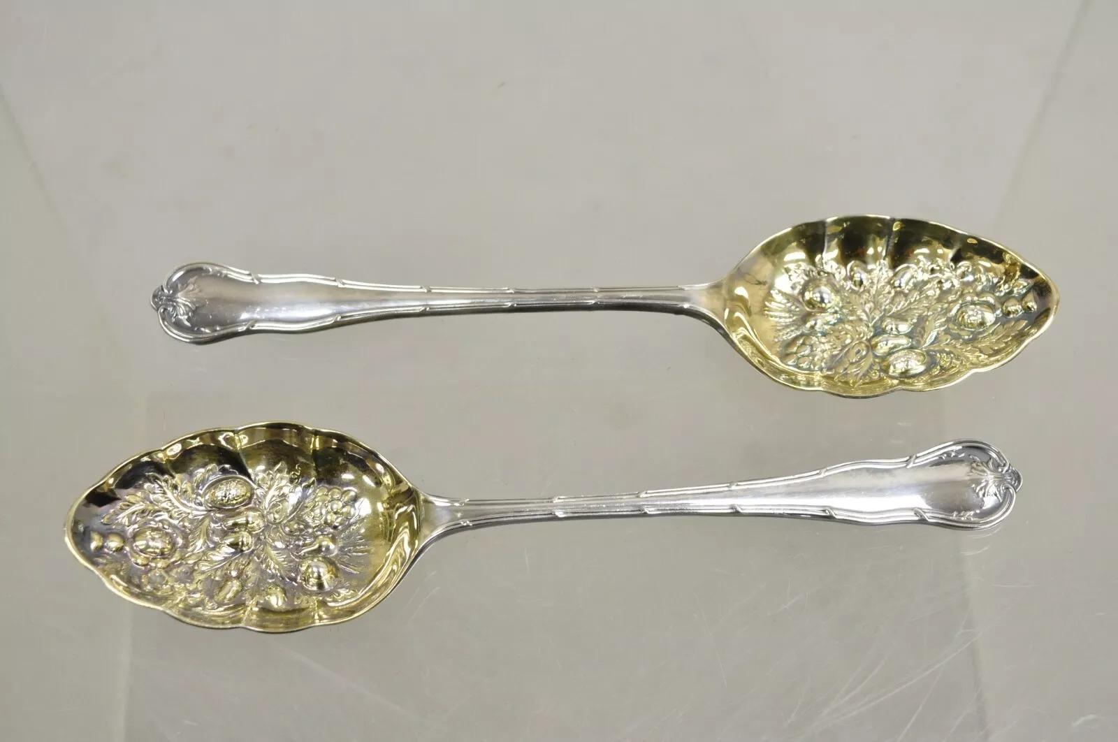 Vintage Sheffield England Silver Plated Repousse Gold Berry Spoons - a Pair. Circa Mid 20th Century. Measurements: 1