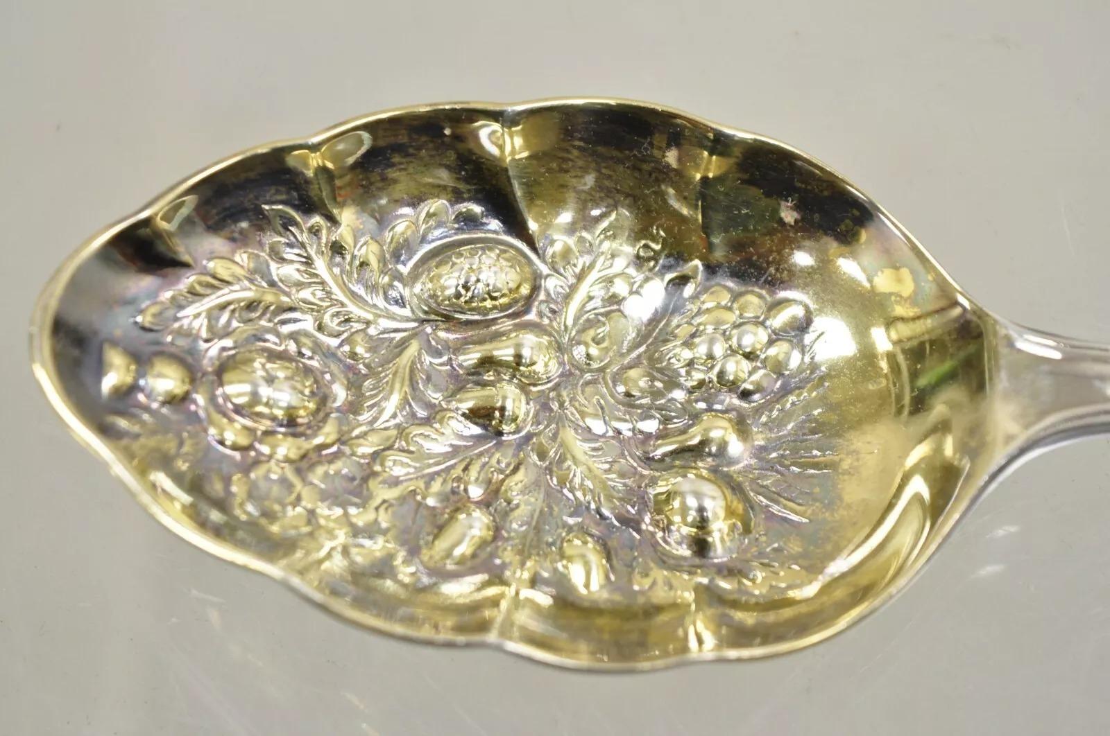 Victorian Vintage Sheffield England Silver Plated Repousse Gold Berry Spoons - a Pair