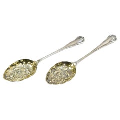 Vintage Sheffield England Silver Plated Repousse Gold Berry Spoons - a Pair