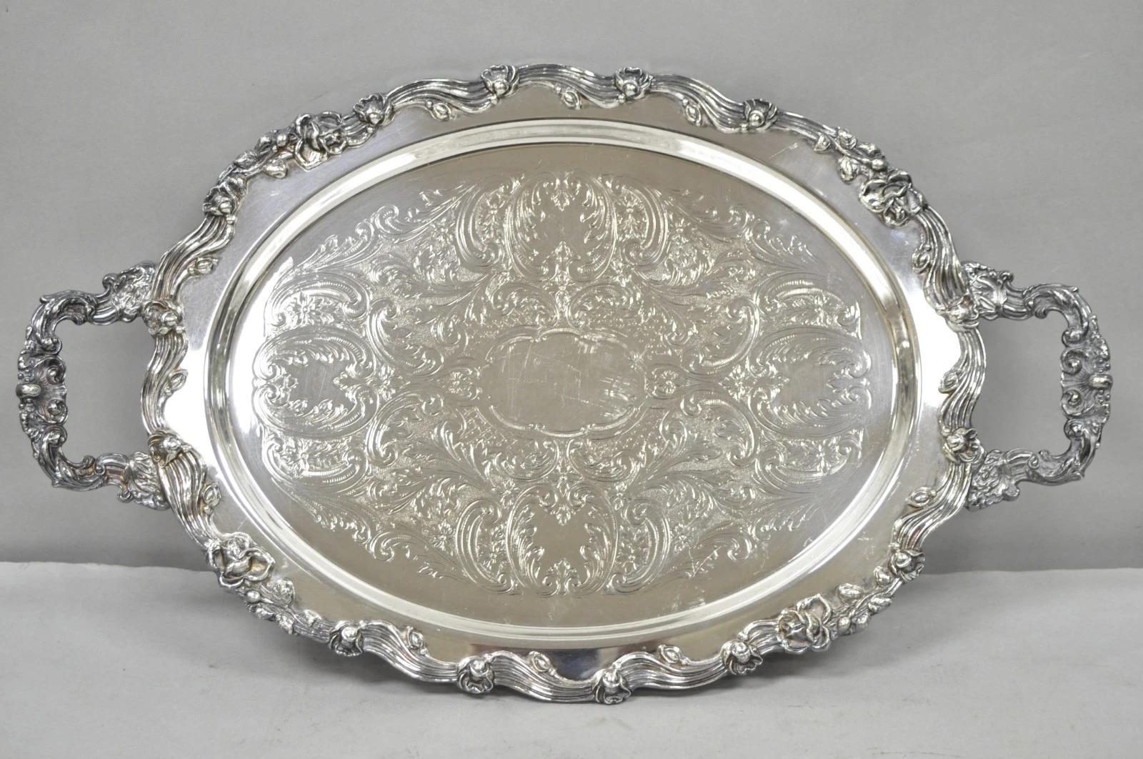 Bandeja ovalada de bar con patas chapada en plata inglesa victoriana de Sheffield con asas en venta 7