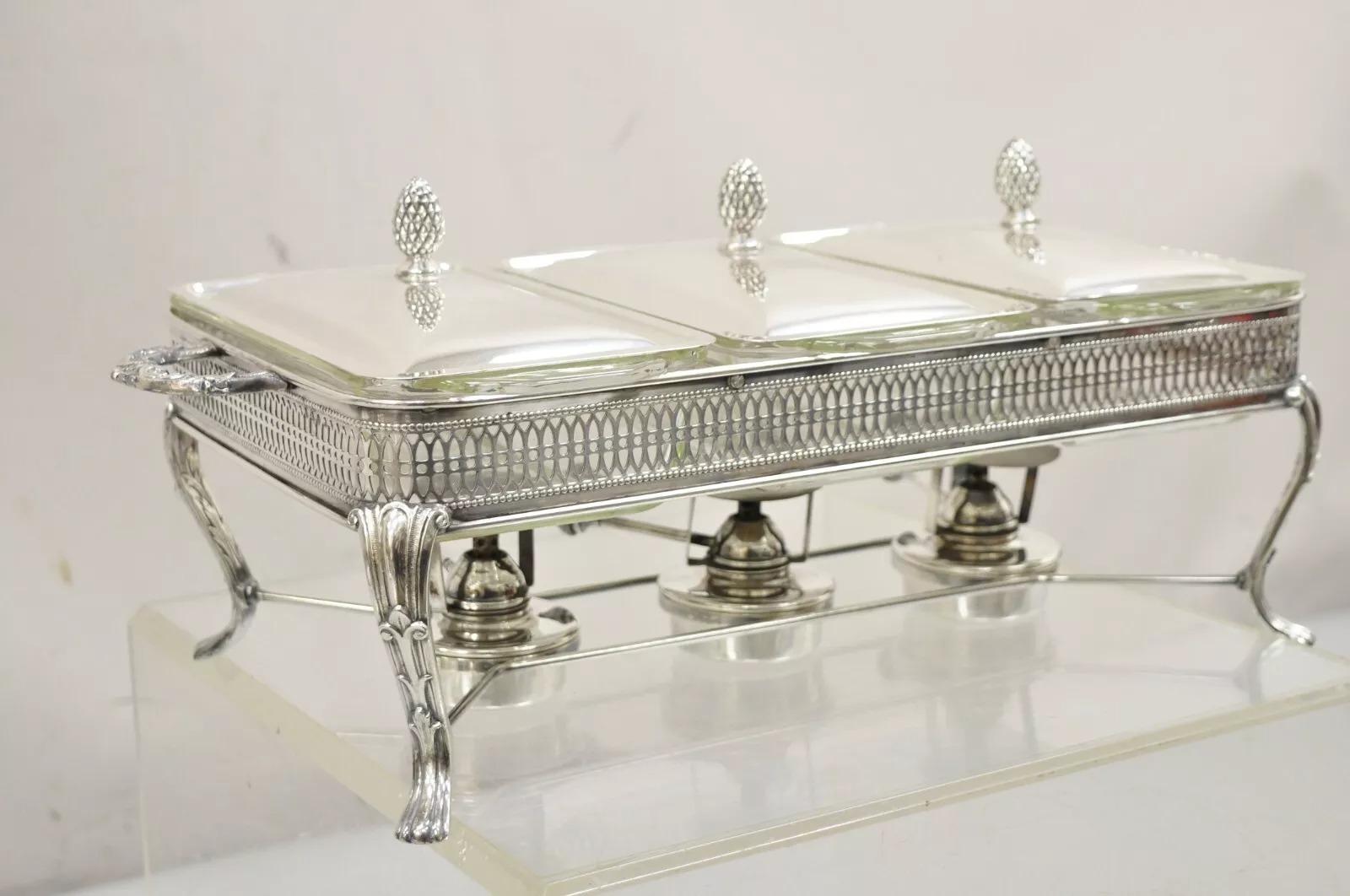 Vintage Sheffield Silver Co Silver Plated 3 Burner Warming Triple Chafing Dish For Sale 6