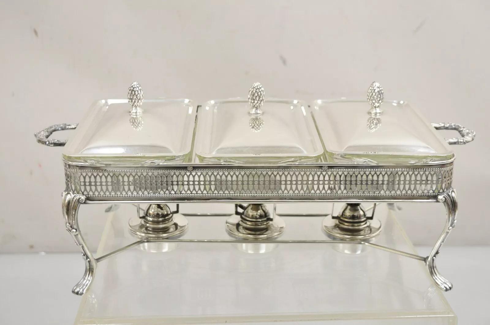 Vintage Sheffield Silver Co Silver Plated 3 Burner Warming Triple Chafing Dish For Sale 8