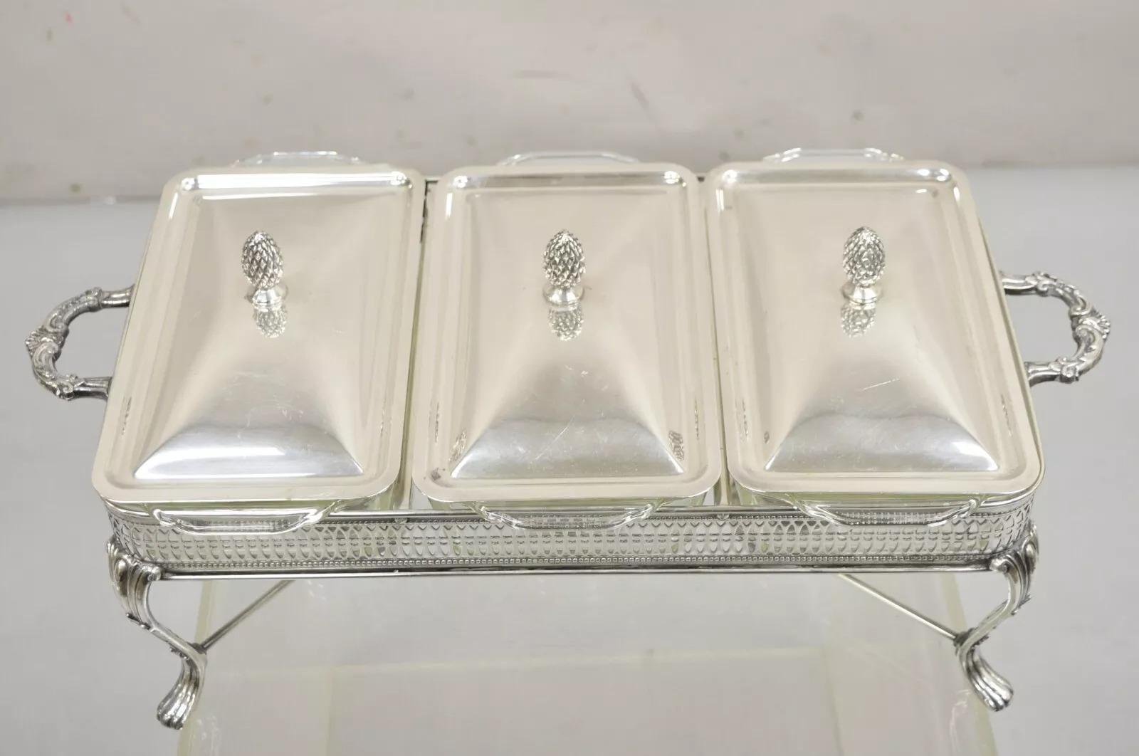 Victorian Vintage Sheffield Silver Co Silver Plated 3 Burner Warming Triple Chafing Dish For Sale