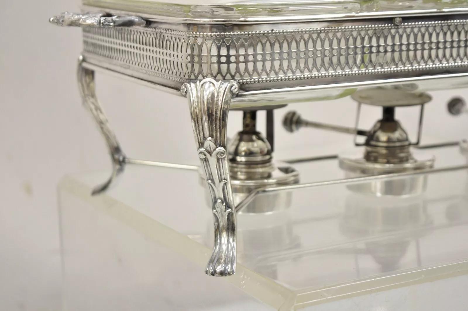 Vintage Sheffield Silver Co Silver Plated 3 Burner Warming Triple Chafing Dish For Sale 2