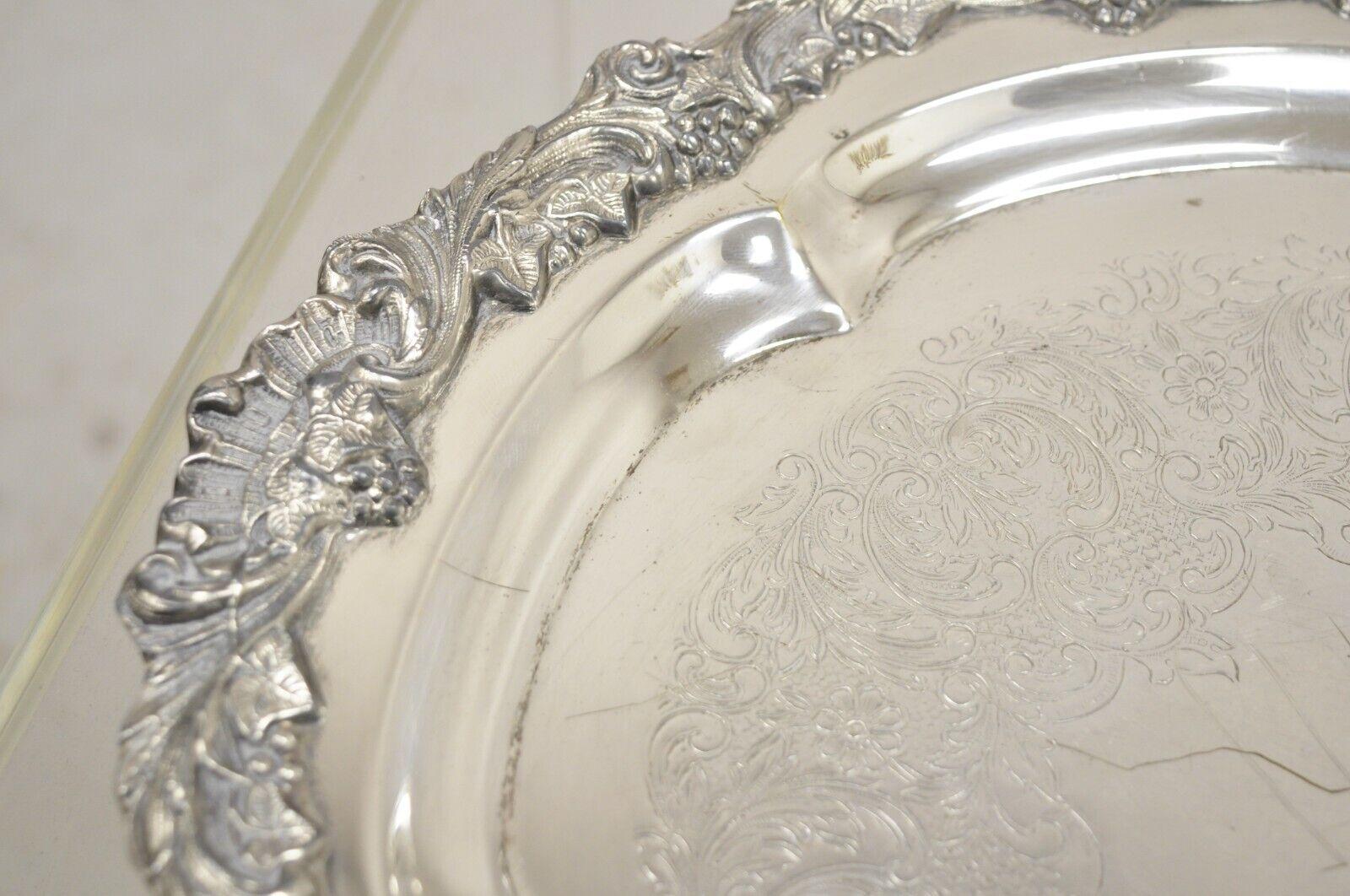 20th Century Vintage Sheffield Silver Co USA Victorian Style Silver Plated Round Platter Tray For Sale