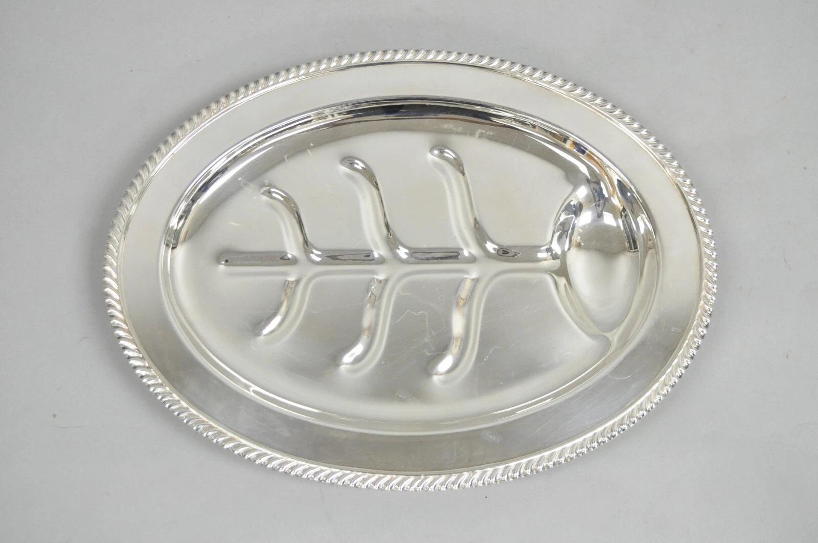 Vintage Sheffield USA Victorian Silver Plated Meat Cutlery Oval Serving Platter Tray. Circa Late 20th Century. Measurements: 1.75