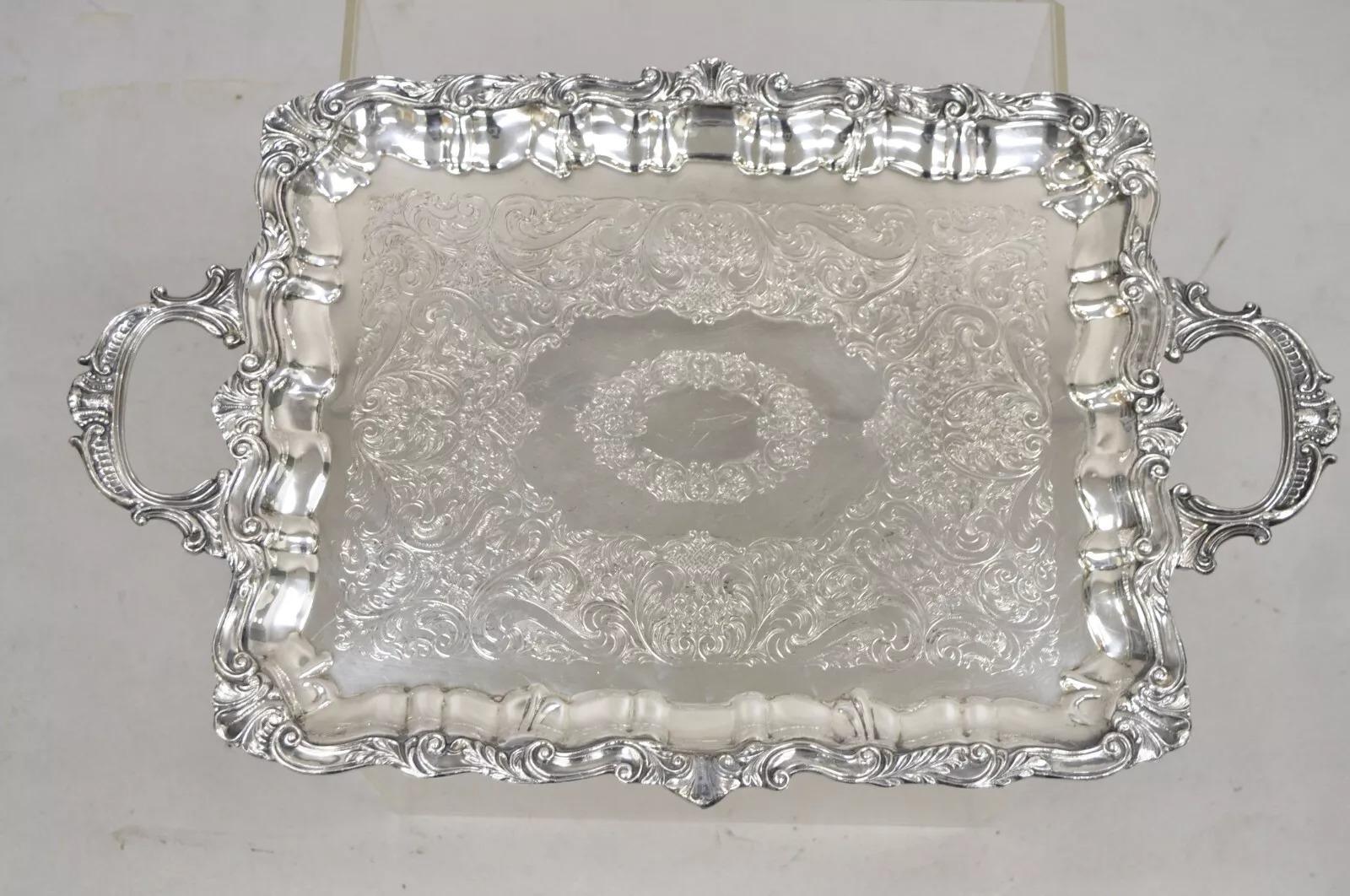Vintage Sheffield Victorian Style Silver Plated Rectangular Serving Platter Tray For Sale 6
