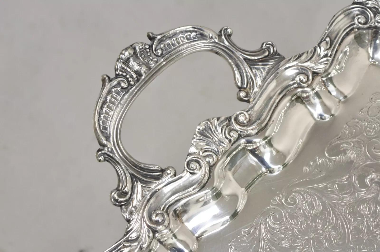 Unknown Vintage Sheffield Victorian Style Silver Plated Rectangular Serving Platter Tray For Sale