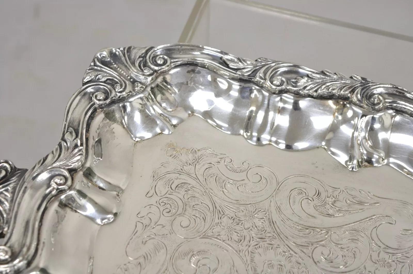 Vintage Sheffield Victorian Style Silver Plated Rectangular Serving Platter Tray In Good Condition For Sale In Philadelphia, PA