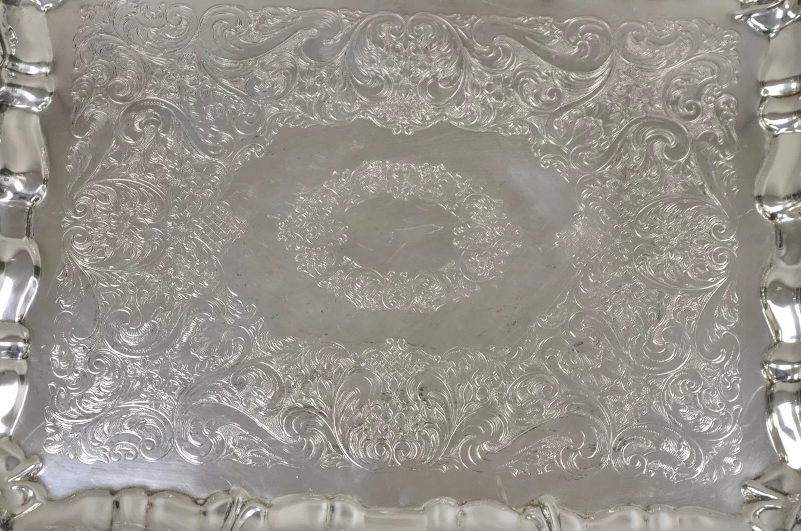 20th Century Vintage Sheffield Victorian Style Silver Plated Rectangular Serving Platter Tray For Sale
