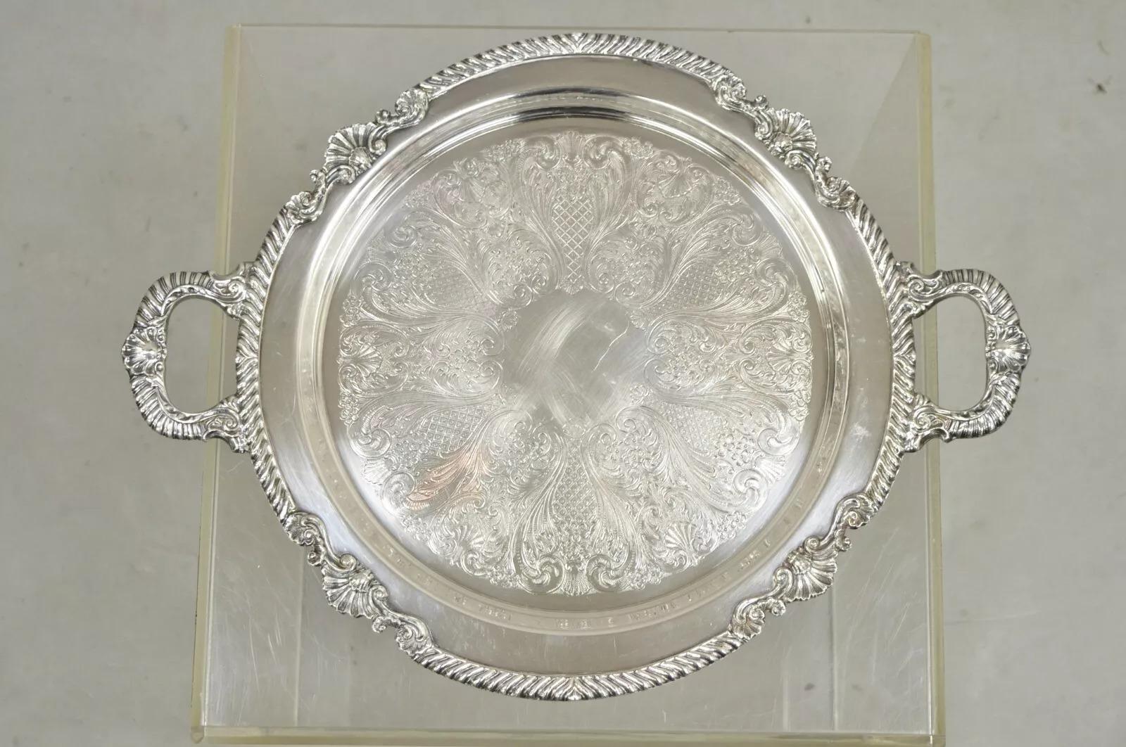 Bandeja redonda con dos asas chapada en plata de estilo victoriano Vintage Sheffield en venta 5