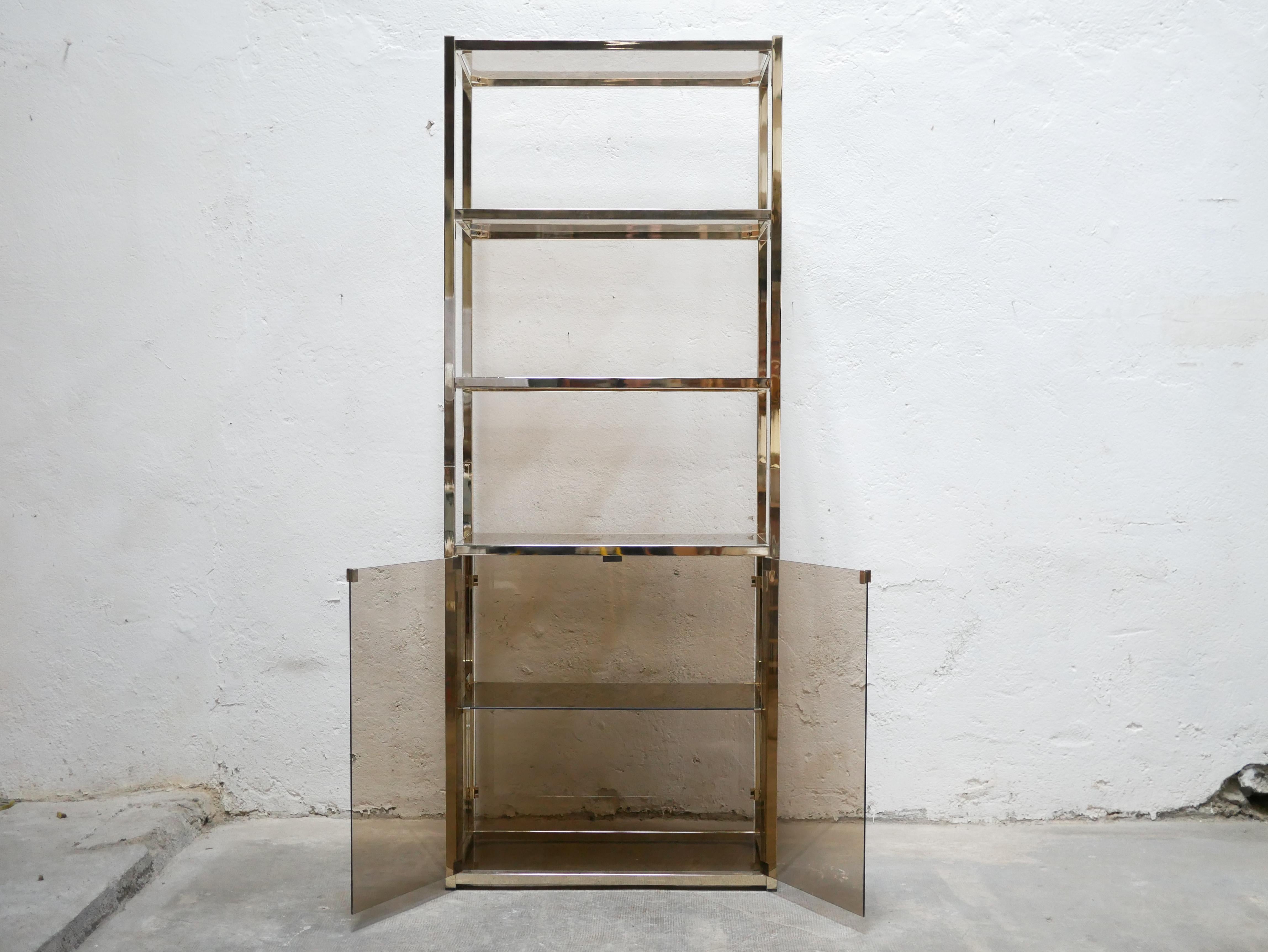 European Vintage Shelf Bookcase in Brass and Smoked Glass For Sale