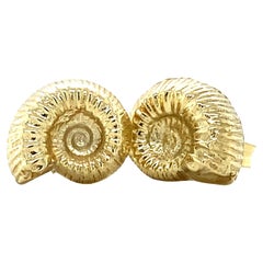 Vintage Shell Ammonite Stud Earrings, 14 Karat Yellow Gold