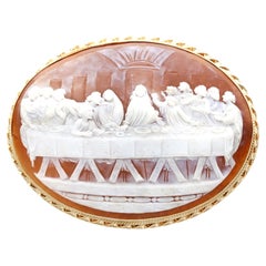 Vintage Shell and 9k Yellow Gold Last Supper Cameo Brooch 1974