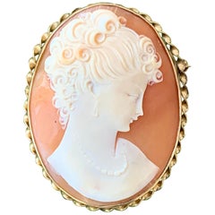 Vintage Shell Cameo 10 Karat Yellow Gold with Safety Chain and Safety Clip