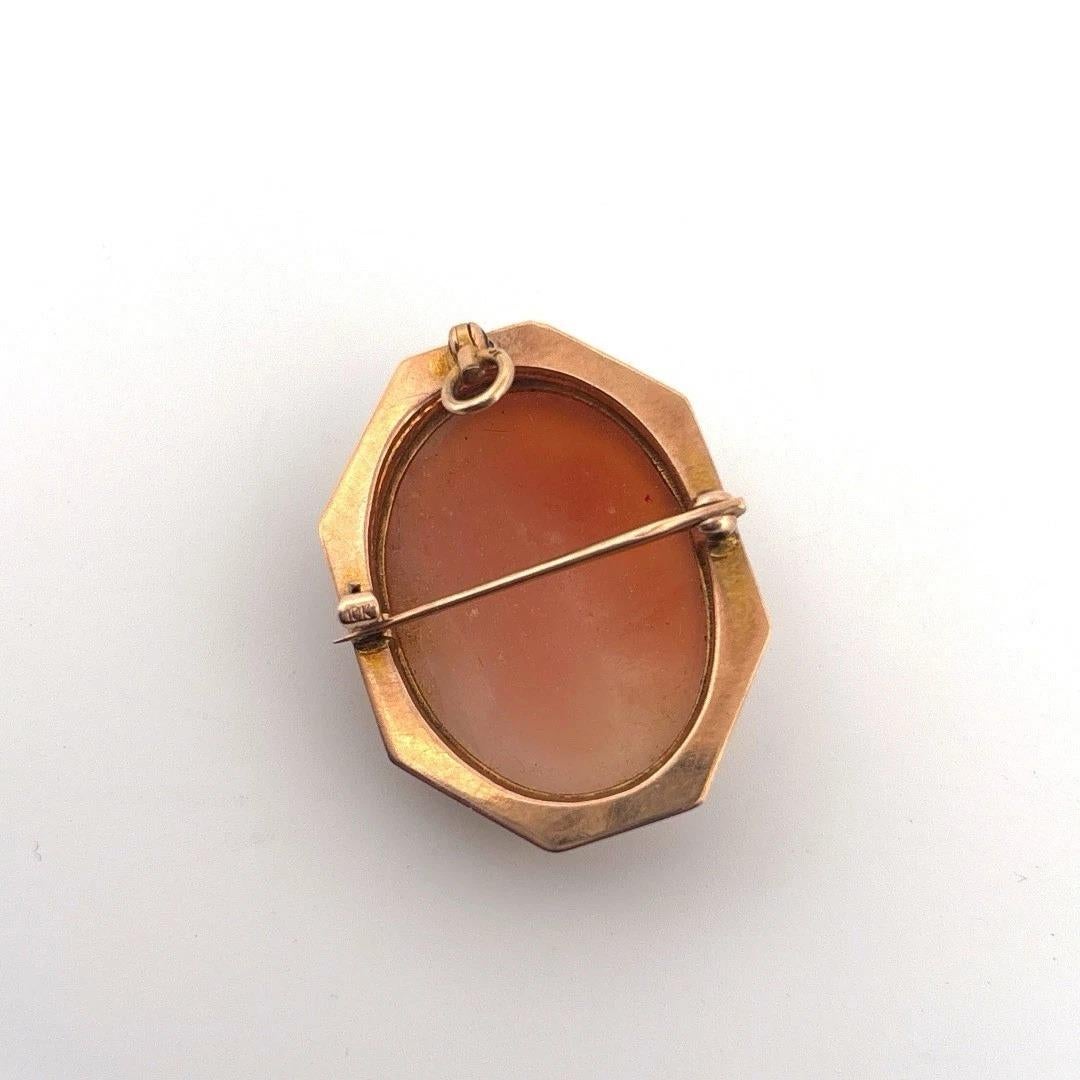 This vintage hand-carved shell cameo brooch features a classical female bust in profile, framed in solid 10-karat yellow gold with an octagonal edge design. The mounting is stamped and acid-tested 10K and includes both a pin and hidden bail, making