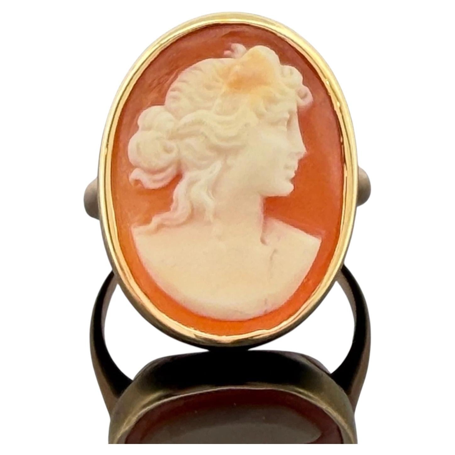 Anello vintage con cammeo in conchiglia, oro 10K, montatura ovale, ritratto, misura 6,25, di seconda mano