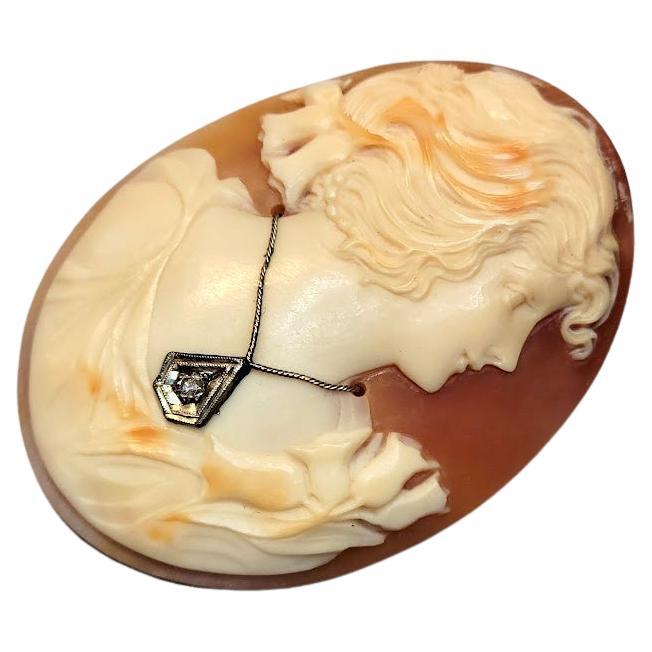 Art Deco Vintage Shell Cameo with Diamond For Sale