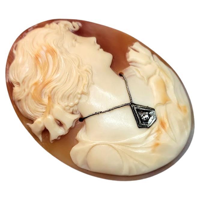 Brilliant Cut Vintage Shell Cameo with Diamond For Sale