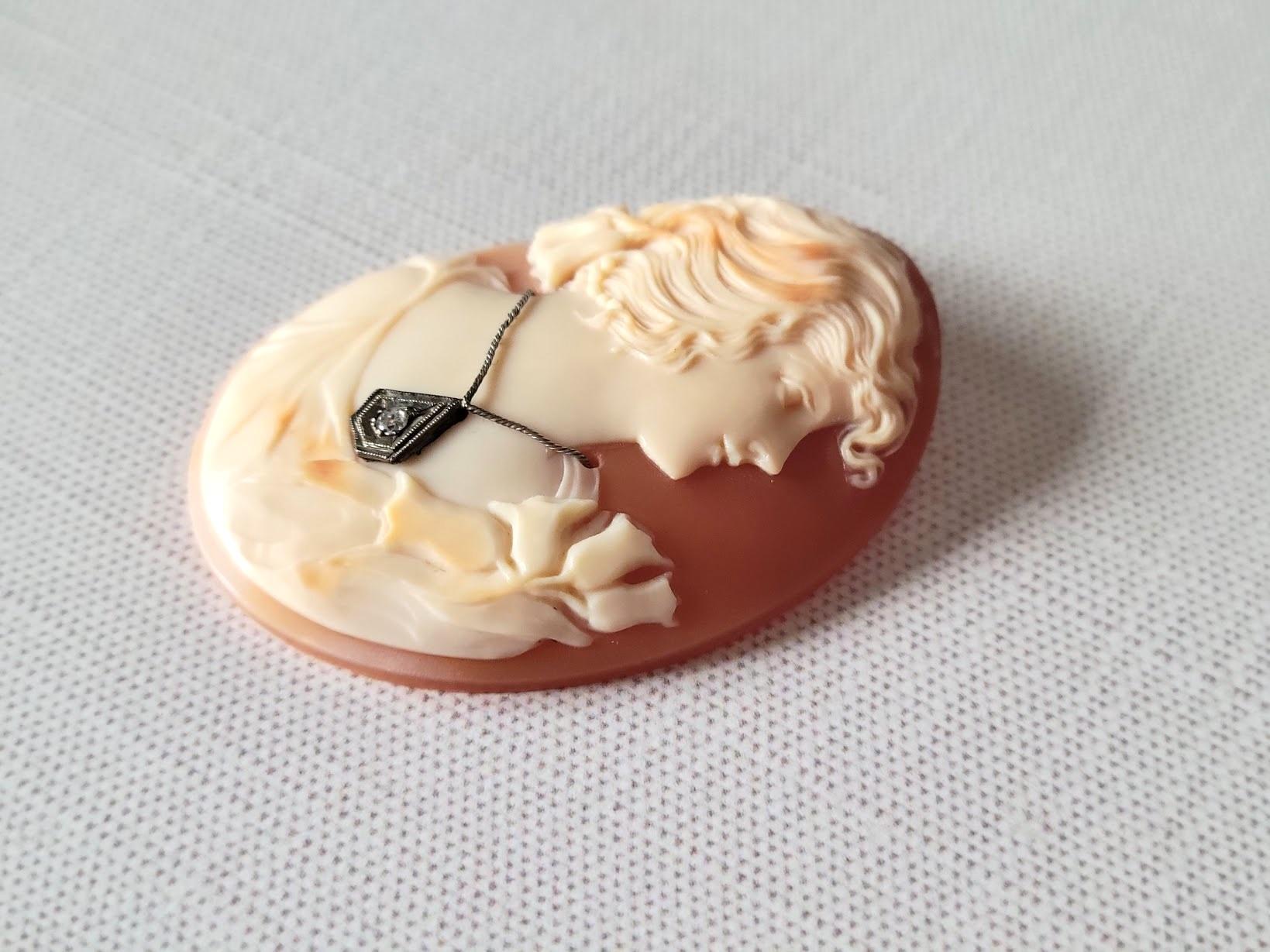 Vintage Shell Cameo with Diamond For Sale 1