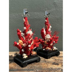 Vintage Shell Encrusted Faux Coral Lamps - A Pair