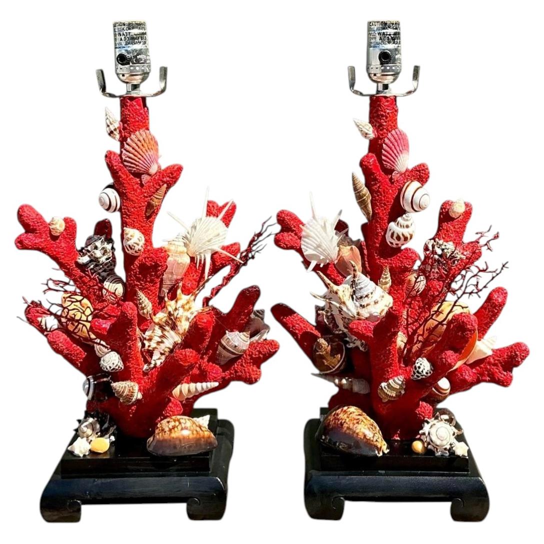 Vintage Shell Encrusted Faux Coral Lamps - A Pair