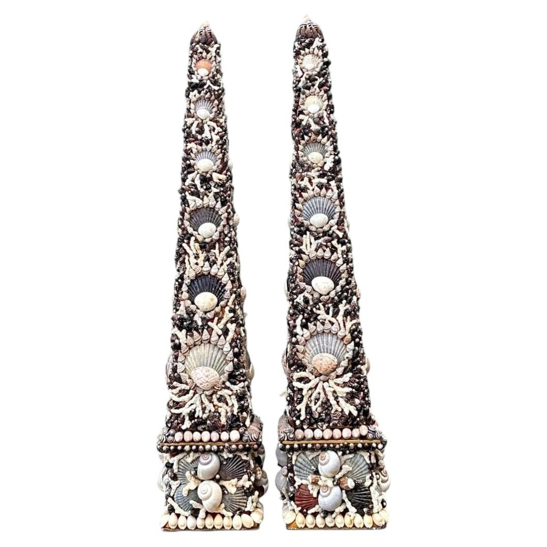 Vintage Shell Encrusted Obelisks - A Pair