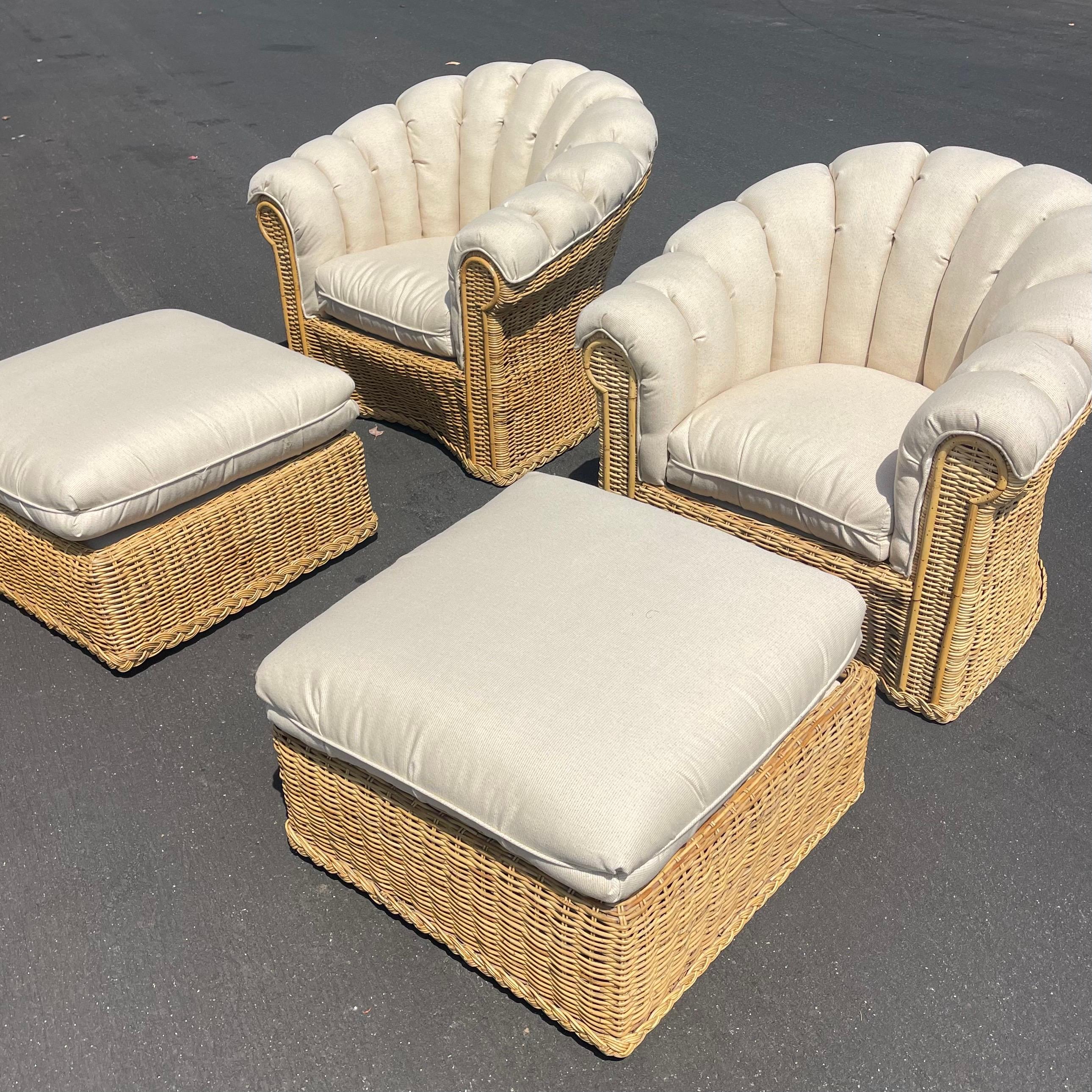 Stunning set of original 1980s shell chairs, reupholstered in brand new high quality indoor/ outdoor fabric by Sunbrella. The ottomans have wheels. 