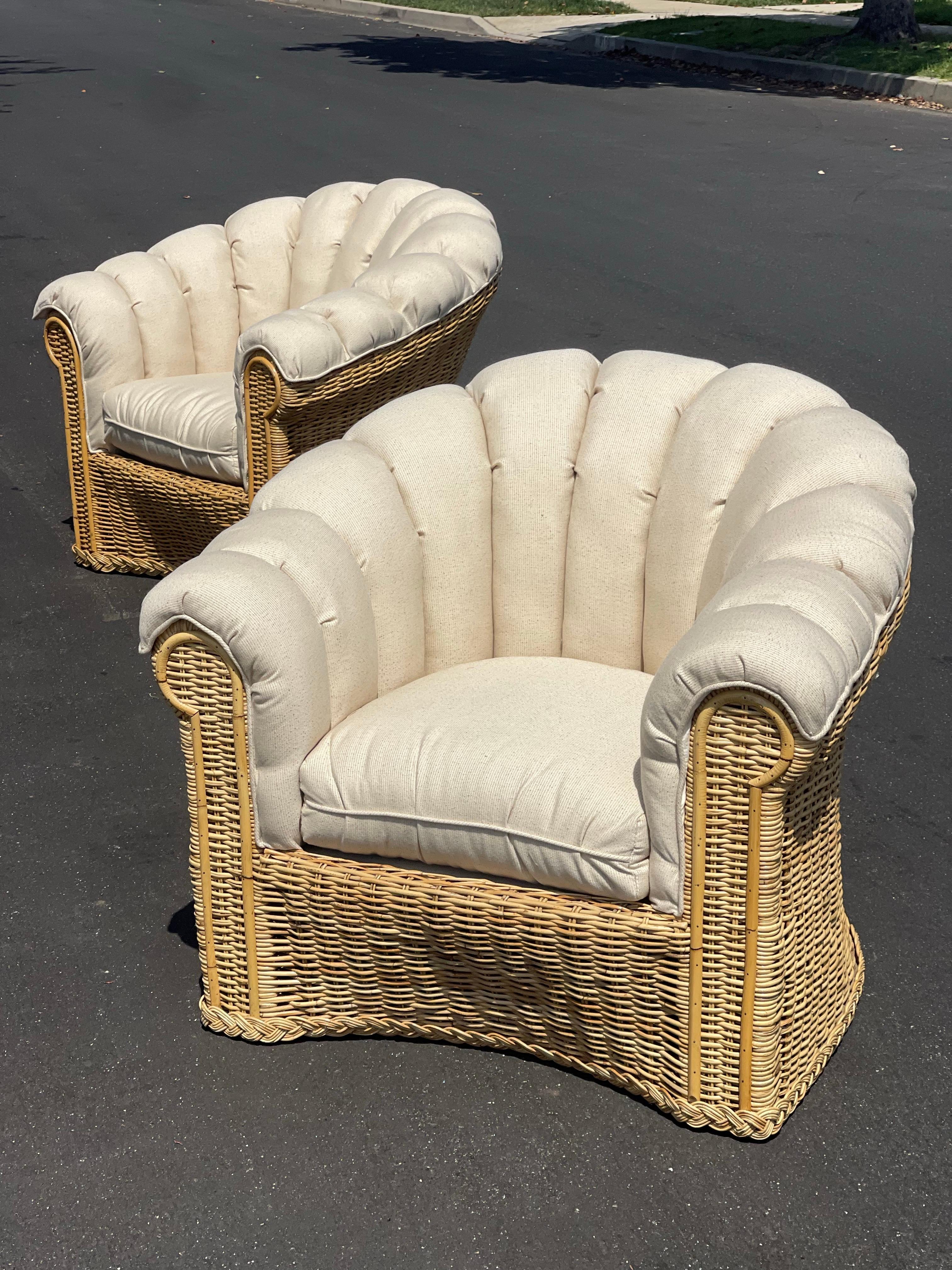 Vintage Shell Indoor/ Outdoor Wicker Chairs In Good Condition For Sale In Los Angeles, CA