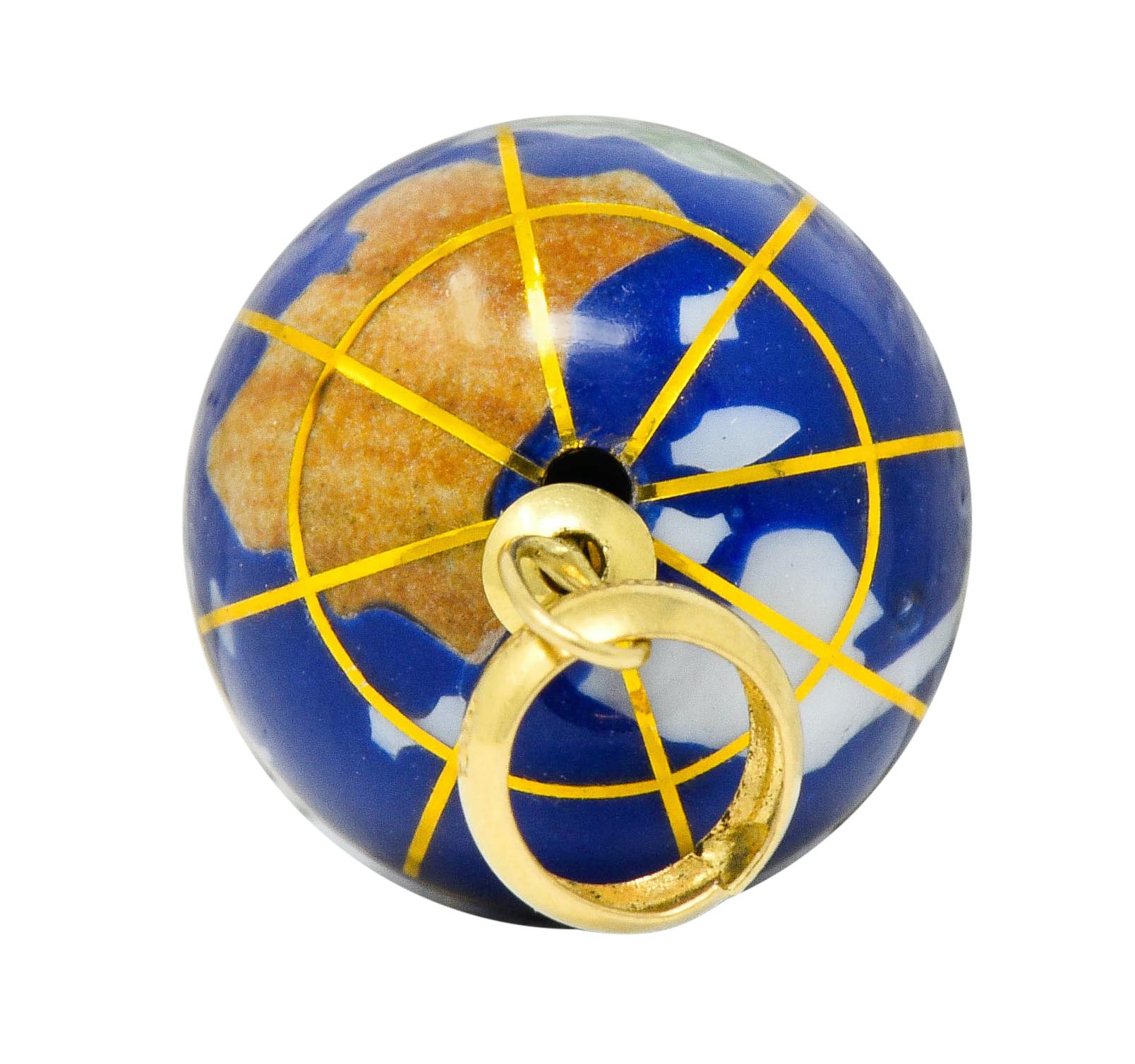 Women's or Men's Vintage Shell Inlay Italian 14 Karat Gold Articulated Globe Pendant Charm